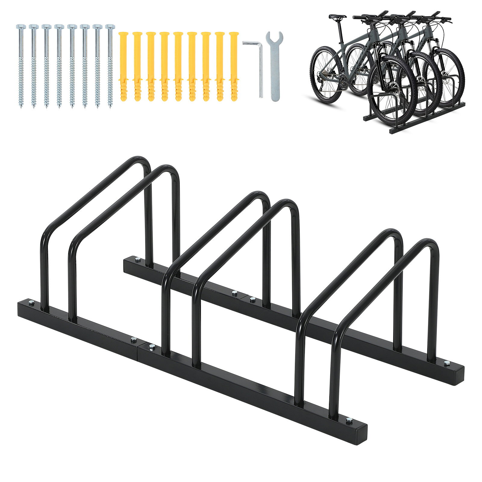 商品名自転車スタンド / バイクラック商品仕様対応タイヤ径：約33～73cm 対応タイヤ幅：最大約5.5cm 材質：スチール 設置タイプ：フロアスタンド / 壁掛け兼用 使用場所：屋内・屋外対応 付属品： ・自転車スタンド本体 ・固定パーツ ・組立部品 ・日本語説明書商品特徴【U字型設計でしっかり固定】 タイヤを両側から支えるU字型ラック構造を採用。 自転車を置くだけで安定して固定でき、倒れやすい自転車も安心して保管できます。 駐輪スペースの整理整頓にも最適です。 【耐久性に優れたスチール製】 高強度スチール素材を採用し、優れた耐久性を実現。 日常使用による摩耗に強く、長期間安心して使用できます。 屋内はもちろん、ガレージや屋外駐輪場でも活躍します。 【フロア＆壁掛けの2WAY仕様】 設置環境に合わせて床置き・壁掛けの2通りで使用可能。 玄関や物置、ガレージなど限られたスペースでも効率よく収納できます。 【省スペース収納】 使用しない時はコンパクトに収納可能。 自転車置き場をすっきり整理し、スペースを有効活用できます。 【安定設置で安心】 付属の固定パーツを使用することで、設置場所に合わせてしっかり固定可能。 風の強い日や屋外使用時でも安定した駐輪環境をサポートします。 【簡単組み立て】 必要な部品をセットで付属。 日本語説明書付きで、初めての方でも簡単に組み立てできます。注意事項※自転車のタイヤ形状やサイズによっては対応できない場合があります。 ※設置場所の材質をご確認のうえ、必要に応じて固定してください。 ※屋外で使用する場合は、設置状態を定期的に確認してください。キーワード自転車スタンド 駐輪スタンド 自転車ラック バイクスタンド 自転車置き 自転車スタンド 屋外 自転車スタンド 室内 倒れない 自転車スタンド