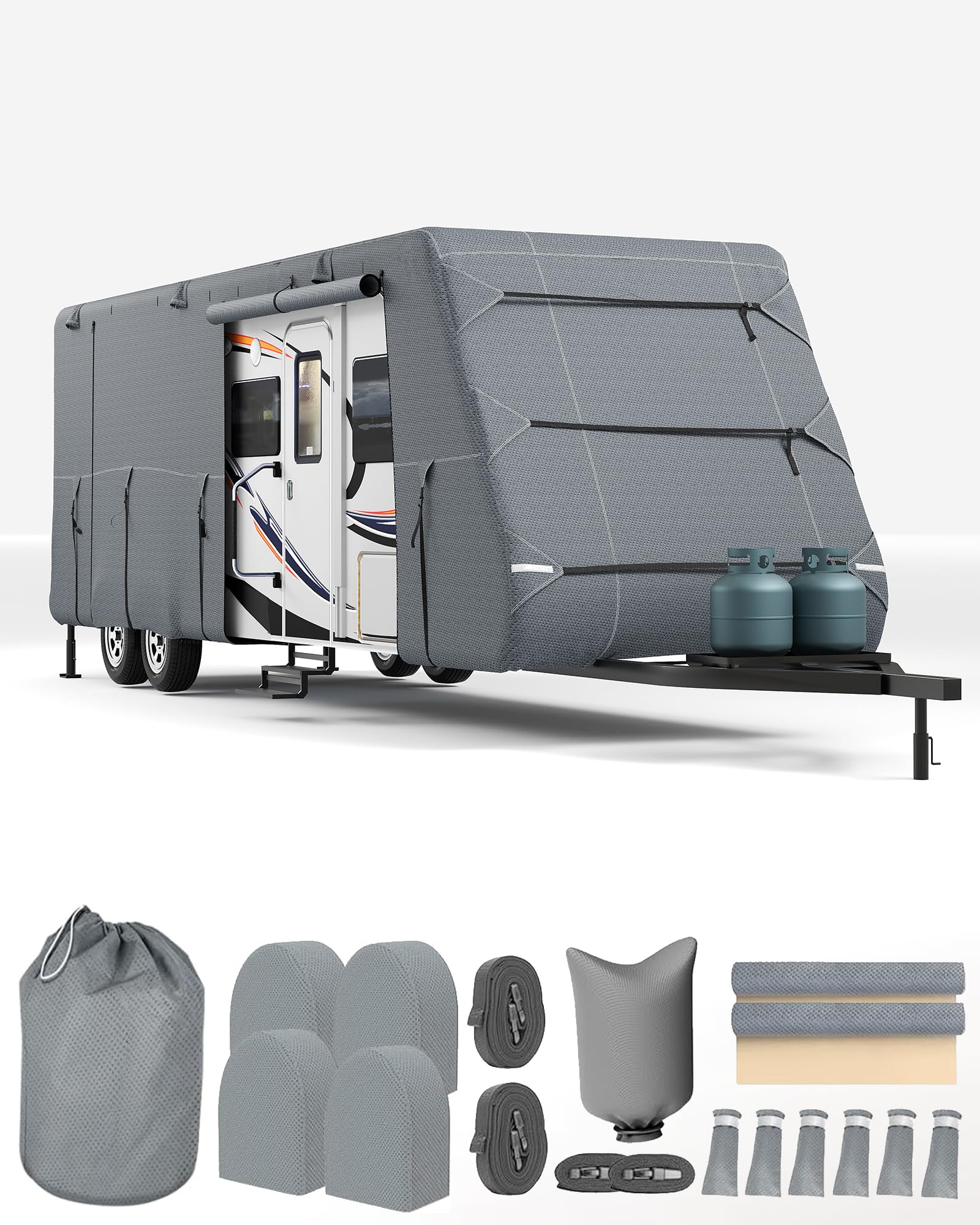 商品名RVトラベルトレーラーカバー商品仕様対応サイズ：27～30ft 構造：7層構造 UV対策：UPF50+ 通気：ベンチレーションパネル6箇所 セット内容： ・RVカバー（27～30ft対応） ・タイヤカバー×4枚 ・フルレングスストラップ×2本 ・雨どいカバー×6個 ・リペアパッチ ・サイドストラップ×10本 ・前後ストラップ×6本 ・投げロッド×2本 ・収納バッグ ・取扱説明書商品特徴オールシーズン保護：7層構造とUPF50+UVカットコーティング、防水メンブレンで色褪せやひび割れ、サビ、カビを防ぎます。 強力な防風設計：2本の超ロングストラップ（12m）、複数の補強タイダウンポイント、頑丈なボトムバックル、二重縫製構造で強風にも安心。揺れや破れを防ぎます。 通気＆防カビ：6つのベンチレーションパネルが湿気や結露を抑え、車両を常に乾燥・清潔に保ちます。 簡単アクセス＆装着：ロールアップ式のジッパーパネルでカバーを外さずドアや収納への出入りが可能。重り付き投げ袋、伸縮性裾、調整可能ストラップで装着・取り外しも簡単です。注意事項ご購入前に必ず車体サイズをご確認ください。すべてのストラップを確実に固定し、使用しないときは乾燥した涼しい場所に保管してください。キーワードRVカバー キャンピングカー カバー トレーラーカバー 車体カバー キャンピングカー用品RV 車 カバー キャンピングカー 保管トラベルトレーラー カバー キャラバン カバー 大型車 カバー 車 カバー 防水 RV用品 キャンピングカー 保護カバー
