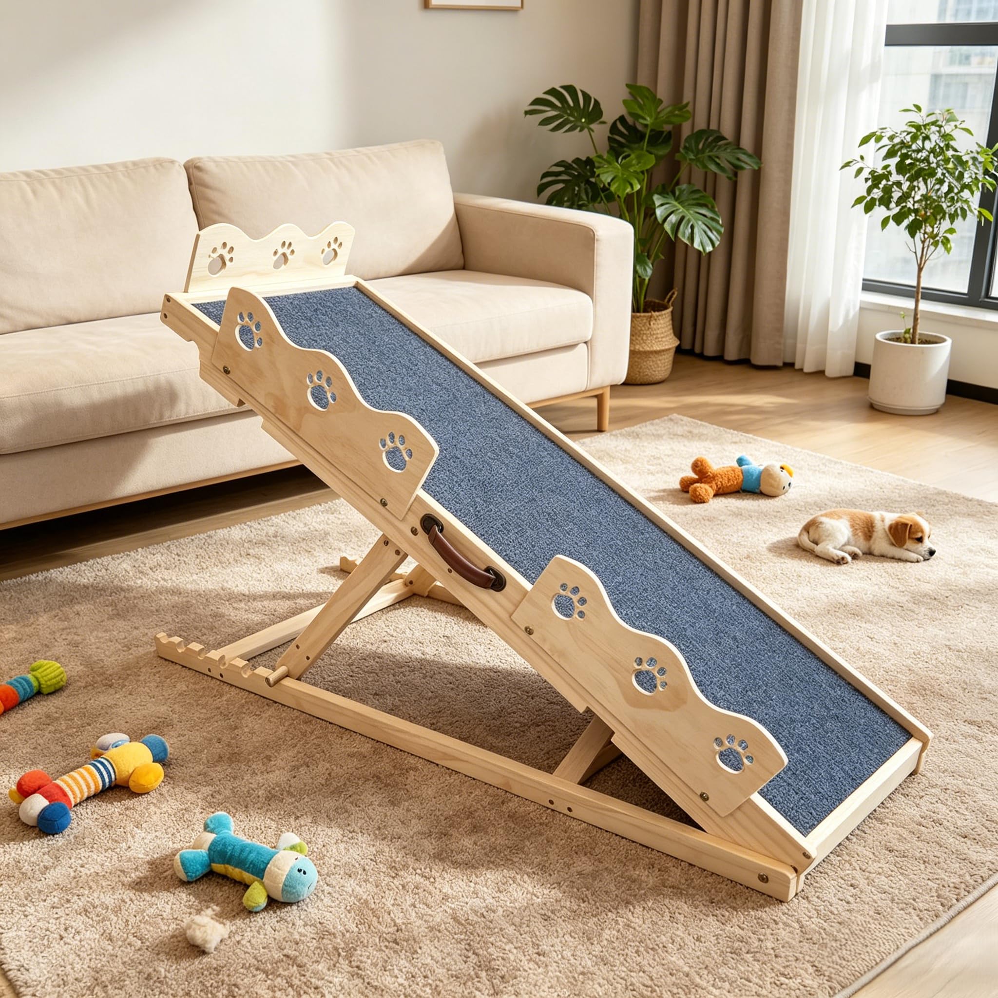 【10/4〜9期間限定★14％OFF】犬用スロープ 5段階高さ調節?折りたたみ式 45インチ ペットステップ 犬用階段 滑り止めラバーマット サイドレール付き 天然パイン材 耐荷重約113kg 小型犬 中型犬 大型犬 シニア犬対応 ベッド ソファ 車用 garvee-10000404 Garvee楽天市場店 パッケージ画像