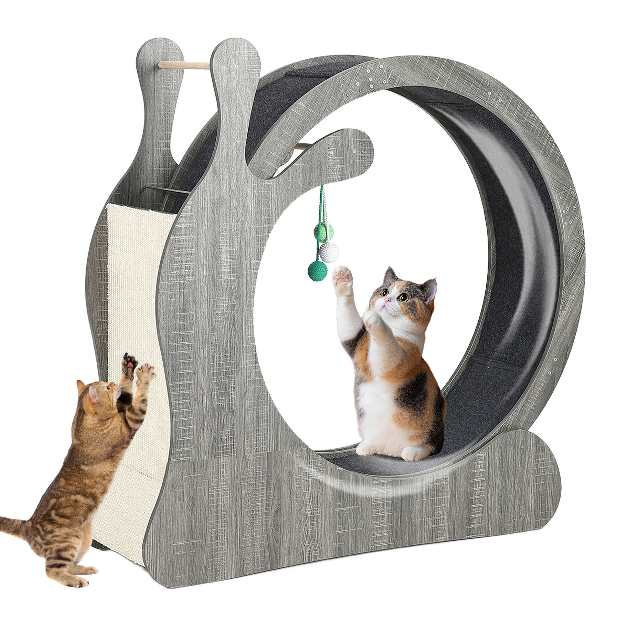 猫用エクササイズホイール キャットホイール 猫向け 多頭飼い 木製 大型ランニングマシン 爪とぎボード 遊びボール付き 運動トレーニング用 グレーオーク 内径85cm 95cm 静音 猫用ランニングホイール 自宅運動 室内 ストレス解消 成猫 子猫 大型猫対応