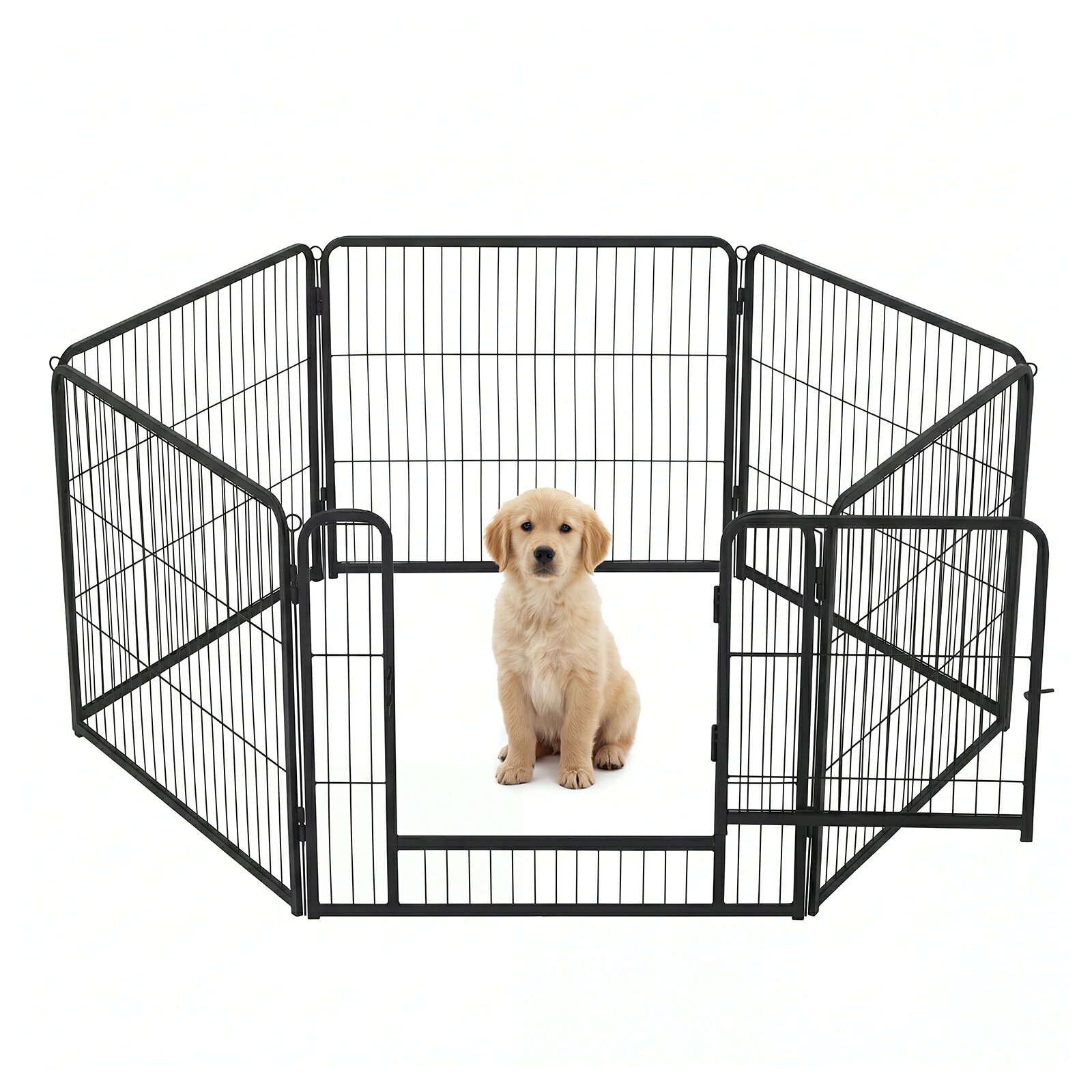 商品名ペットサークル商品特徴■2サイズ展開 小型～中型犬向けの高さ81cm・16枚パネルタイプ、または中型～大型犬向けの高さ102cm・12枚パネルタイプがございます。ワイヤーメッシュのオープンデザインにより通気性と視認性が確保され、愛犬を安全に囲いながら快適に過ごさせることができます。 ■自由レイアウト・拡張可能 パネルを繋げて正方形、長方形、多角形、オリジナルの形状に組み立て、リビング、庭、テラス、キャンプ場などでご使用いただけます。スペースを広げたい場合には、別売りの追加パネルを取り付けて運動エリアを拡張できます。遊び時間、監視下での休憩、トイレトレーニングにも最適です。 ■ペットに優しい安全設計 しっかり固定できる留め具付きの扉が備わっており、出入りが容易な上に脱走を防ぎます。縁や角は滑らかに丸く加工されており、活発に動き回る際の足のけがを防ぎます。 ■簡単組立 付属の金属製ペグを地面に打ち込むことでサークルを固定し、転倒を抑えます。工具不要で付属のポールでパネルを繋げるだけで数分で組み立て完了です。 ■折りたたみ収納 未使用時は平らに折りたたんでコンパクトに収納・持ち運びでき、旅行、RV キャンプ、ビーチ、親戚宅への訪問時にも適しています。