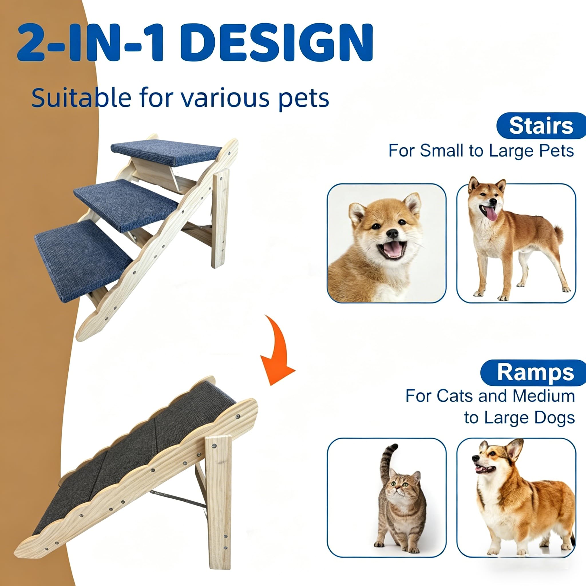 ドッグステップ ペットステップ 犬用ステップ 3段 折りたたみ 木製 踏み台 ベッド用 シニア 関節ケアに 犬用2WAY木製ステップ 階段 スロープ 折りたたみフラット収納 滑り止めカーペット ゴムパッド付 ベッド ソファ 車の昇降補助 小型犬 大型犬対応 犬昇降台 garvee-10000533 Garvee楽天市場店 サンプル画像3