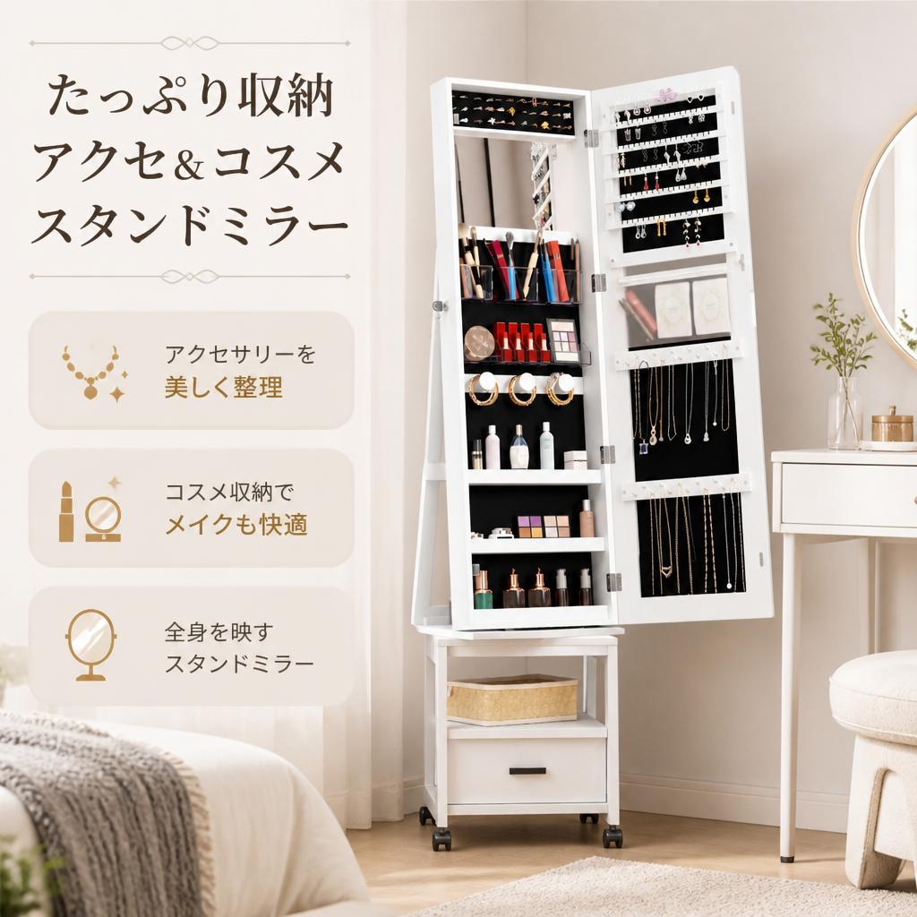 商品名ジュエリーキャビネット／アクセサリー収納商品仕様高さ：約168cm 仕様：360°回転式、キャスター付き ミラー：フルレングスミラー 内装：ベルベット 収納：ピアス108、リング30、ネックレス24、ブレスレット3 メイク収納：筆置き3、リップ8、アイシャドウ2、3段棚 その他：引き出し、3段シェルフ、マフラーラック、グラスホルダー 鍵：2本 素材：MDF、アイアン商品特徴【360°回転＋全身鏡付き】 ジュエリー収納と全身鏡を一体化した回転式キャビネット。キャスター付きで移動や角度調整も簡単です。 【大容量アクセサリー収納】 ベルベット内装に、ピアス108スロット、リング30スロット、ネックレス24フック、ブレスレット3フックを搭載。アクセサリーを種類別に整理できます。 【メイク用品もすっきり収納】 筆置き3か所、リップ8個、アイシャドウ2個、スキンケア用3段棚を備えています。 【引き出し・棚付き】 引き出し、3段シェルフ、マフラーラック、グラスホルダー付きで、身支度用品もまとめて収納できます。 【鍵付きで安心】 ロック機能と鍵2本付き。大切なアクセサリーを整理して保管できます。 【安定感のある構造】 低重心・三角構造に加え、MDF＋アイアンフレームを採用。ロック可能なキャスターで安定した設置をサポートします。注意事項※キャスターを移動時はロックを解除し、設置後は必要に応じてロックしてご使用ください。 ※組み立て後は各パーツがしっかり固定されていることをご確認ください。キーワードジュエリーキャビネット ジュエリー収納 アクセサリー収納 ジュエリーアルモワール アクセサリーキャビネット 姿見 全身鏡 ミラー付き収納 ジュエリーラック コスメ収納360°回転 回転式キャビネット 大容量収納 鍵付き収納 キャスター付き収納 引き出し付き 収納棚付き ミラー付き