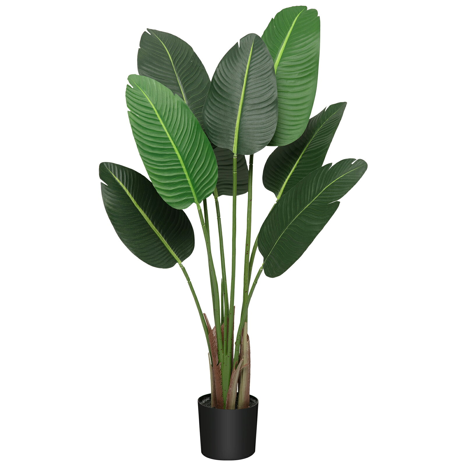 商品名人工極楽鳥花商品仕様セット内容：人工観葉植物×1本 高さ：約122cm 4ft 鉢サイズ：直径約15.2cm × 高さ約12.7cm 素材：ポリエステル、金属ワイヤー 鉢：ブラックポット セメント入り 特徴：枝葉調整可能、水やり不要、お手入れ簡単 用途：リビング、玄関、寝室、オフィス、店舗、カフェ、パティオなど商品特徴【Point1】本物のようなリアルな葉を再現 鮮やかで自然な印象のバナナリーフ風の葉を再現し、室内や屋外にグリーンの彩りをプラス。生花や本物の観葉植物とは異なり、水やりや剪定などの手間をかけずに一年中グリーンを楽しめます。 【Point2】枝や葉の形を調整可能 内部にワイヤーを備えており、枝や葉の角度を好みに合わせて調整できます。設置する場所やインテリアに合わせて広がり方を整え、自然なボリューム感を演出できます。 【Point3】お手入れが簡単 水やり、肥料、日当たりの管理が不要。汚れが気になった場合は湿らせた布で軽く拭くだけでお手入れできます。 【Point4】安定感のあるセメント入りブラックポット ブラックの鉢にセメントを入れた仕様で、床置きしやすい安定感に配慮しています。リビングや玄関、オフィス、パティオなど、さまざまな場所に設置できます。 【Point5】幅広いシーンで使える2本セット 自宅のインテリアだけでなく、カフェや店舗、オフィスなどのディスプレイにもおすすめ。母の日やクリスマスなどのギフトにも使いやすく、空間に自然な雰囲気をプラスします。注意事項商品は人工観葉植物です。生育する植物ではありません。 枝や葉の広げ方により、見た目の高さや幅が多少変わります。 お手入れの際は柔らかく湿らせた布をご使用ください。 商品サイズは測定方法により多少の誤差が生じる場合があります。キーワード人工観葉植物 極楽鳥花 バードオブパラダイス フェイクグリーン フェイク観葉植物 人工植物 フェイクツリー 観葉植物 インテリアグリーン