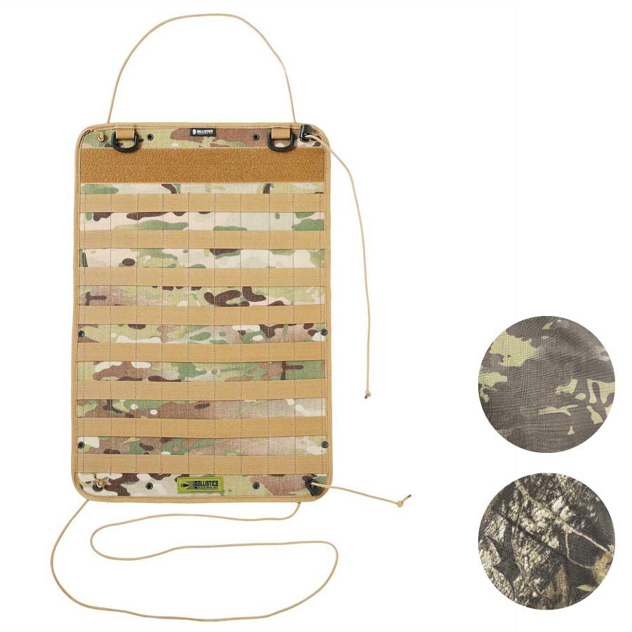 クルマのシート背面に取り付けていただく事により、今回同時リリースした様々なポーチやホルダーをマウント出来るベースプレートになります。取り付け方は比較的多様かつ容易に行えるようパラシュートコードをくぐらせたり巻き付ける方法としています。注）シートの動きやシートベルト等の安全装置の機能、乗り降りの際の導線を妨げないようお取り付け下さい。又、当製品の取り付けにより生じる車体の傷や事故等に対する責任は負えませんので予めご承知おき下さい。特長上部コードはヘッドレストパイプに引っ掛け、下部のコードはシートの根元に巻き付けていただくのが一般的ですが、ヘッドレストの無い車種は付属のテープパーツをご利用いただきリュックの様に背負う様なかたちで取り付けていただく事も可能です。（基本的にはお客様の創意工夫で自由にお取り付け下さい。）上部2か所のDカンはお好みの物をぶら下げられるフックポイントになります。パラコード先端の結び目は必要に応じて一旦解いてからハトメ穴に通してください。コードストッパーにより長さ調整を行いますが、ストッパーの保持力はさほど強くありませんので引っ張れば伸びる事がございます。仕様MATERIAL表地：コーデュラナイロン裏地：WラッセルメッシュCOLOR●COYOTE●OD●BK●マルチカム●マルチカムBK●MOSSY OAKSIZE縦×横×厚み：51×34.5×0.5cm付属パーツ】・パラシュートコード　2本（各1.5m）・テープパーツ　1枚・コードストッパー　2個※この商品は「神奈川県」から出荷します。Ballistics（バリスティクス） CC SHEET BACK PANEL