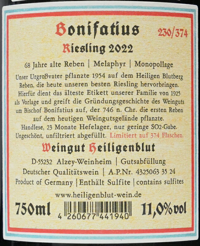 【 1樽・374本限定の希少キュヴェ 】 ハイリゲンブリュット ボニファティウス リースリング 2022 Heiligenblut Riesling garyu-10005108 GARYU サンプル画像3
