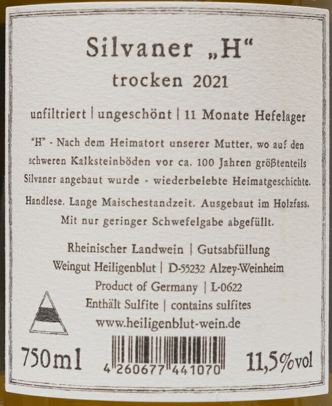 【 亜硫酸添加20mg/Lのみ 】 ハイリゲンブリュット シルヴァーナー "H" 2021 Heiligenblut Silvaner H garyu-10004793 GARYU サンプル画像3