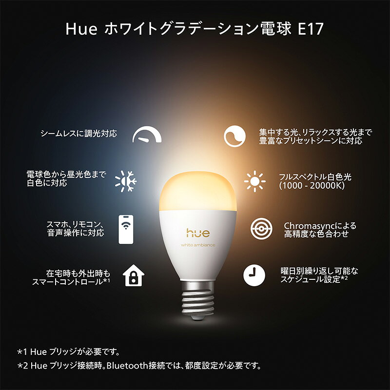 ＼10月限定！最大100％ポイントバック！※要エントリー／【正規取扱店】Philips Hue ホワイトグラデーション LED電球 E17 40W形相当 470lm スマート電球 調光 Alexa Google Home対応 スマートホーム 間接照明 PH17WA1-SU (2)