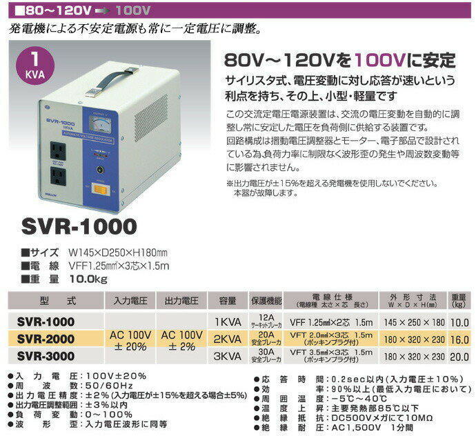 日動工業　交流定電圧電源装置　SVR-3000　80-120V→100V　屋内型