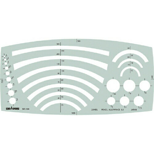 コンピューターによる自動彫刻機で切削されており、精度が高く、切削面がなめらかです。長時間の使用にも目の疲れないグレースモーク色の特殊プラスチック材で、片面マット仕上になっています。通常の鉛筆製図の場合はエッジが切ってありますので、芯との接触面積が少なく、芯の走りが非常にスムーズです。インキングのときは裏返してご使用いただければ、墨がにじみません。【仕様】製品コード:No.31-E108仕様:円周定規ANo.31-E108 円周定規A115×229×1.0mm25穴（1R~1000Rmm）、インクエッジ付■備考※メーカー直送品のため代金引換がご利用いただけません。アイコンについてはこちらを参照