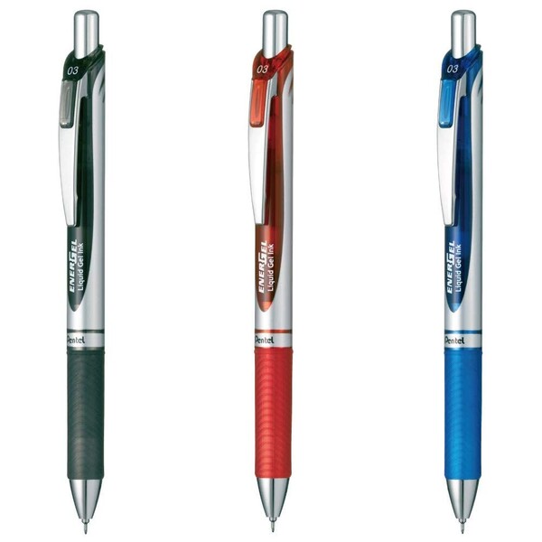 ぺんてる ノック式エナージェル 0.3mm 黒 赤 青 3色セット - メール便対象