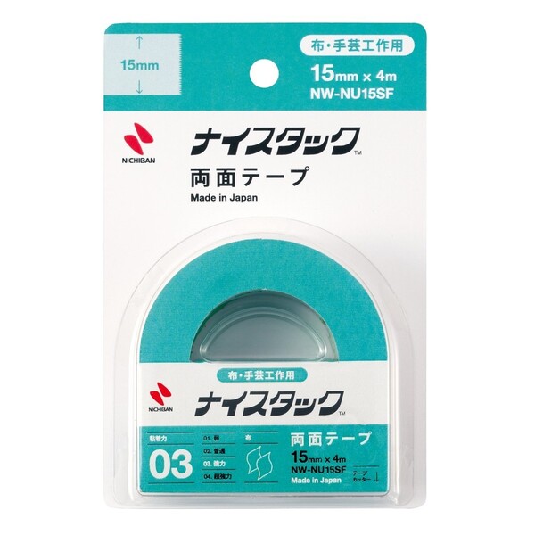 商品名ニチバン 両面テープ ナイスタック 布・手芸用 15mm×4m NW-NU15SF説明初期接着性が高く、各種布によく付きます。●幅×長:15mm×4m●厚:0.15mm品番NW-NU15SFカテゴリーその他＼その他 一覧はこちら／当店では かわいい おしゃれな 文房具を中心にセレクト☆彡 人気のキャラクターグッズも豊富! 文具・雑貨・おもちゃ・鞄・スポーツ用品の総合バラエティショップです。ポスト投函するメール便対応や送料無料の商品も多数!この商品の基準数は1個につき 50 です。※ご注文を確定される前にメール便で配送できる個数をご確認ください。基準数オーバーの場合には、配送形式の変更をお願いするメールをお送りしています。変更が完了してから改めて在庫確保しますので、欠品になったり、完売などの理由によりキャンセルさせていただく場合があります。※メール便は、配達の日時指定に対応しておりません。