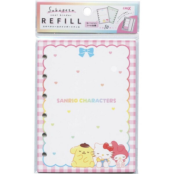 商品名サンリオキャラクターズ スキペタ シールバインダー用リフィル 10枚入 シナモ プリン シール帳 台紙 かわいい クラックス説明かわいい「サンリオキャラクターズ」デザイン♪お気に入りシールをかわいくコレクションできる「シールバインダー」専用「リフィル」です。貼ってはがせる台紙は、カラフルなイラスト入りで、シールを綺麗に見せられます。オモテとウラで柄が違うので楽しい!たっぷり10枚セット。【サイズ】約H155×W100mm【材　質】紙【入　数】10枚【ご注意】※シールバインダーは別売です。品番138973カテゴリー商品のジャンルで探す&nbsp;>&nbsp;文房具・ステーショナリー&nbsp;>&nbsp;ノート・紙製品&nbsp;>&nbsp;ノート・メモ帳&nbsp;>&nbsp;バインダー・ルーズリーフキャラクターから探す&nbsp;>&nbsp;サンリオ&nbsp;>&nbsp;ハローキティ＼バインダー・ルーズリーフ 一覧はこちら／＼ハローキティ 一覧はこちら／当店では かわいい おしゃれな 文房具を中心にセレクト☆彡 人気のキャラクターグッズも豊富! 文具・雑貨・おもちゃ・鞄・スポーツ用品の総合バラエティショップです。ポスト投函するメール便対応や送料無料の商品も多数!この商品の基準数は1個につき 8 です。※ご注文を確定される前にメール便で配送できる個数をご確認ください。基準数オーバーの場合には、配送形式の変更をお願いするメールをお送りしています。変更が完了してから改めて在庫確保しますので、欠品になったり、完売などの理由によりキャンセルさせていただく場合があります。※メール便は、配達の日時指定に対応しておりません。