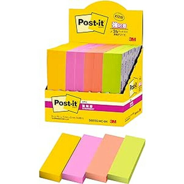 ポストイット 付箋 強粘着 ふせん マルチカラー 75×25mm 90枚 4色 各6パッド 紙箱 5001SS-MC-6N - メール便不可