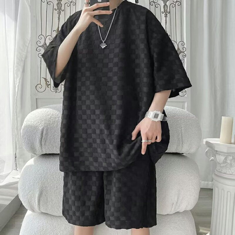 【期間限定!4590円→3290円】tシャツ 上下セット メンズ チェック柄 夏 夏服 2点セット セットアップ 上下 セット Tシャツ ショートパンツ 半袖 半袖Tシャツ 短パン ジャージ ポケット付き ハーフパンツ 涼しい 薄手 無地 ゆったり 大きいサイズ スポーツウエア 運動着