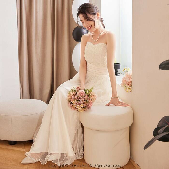 ウェディングドレス　二次会ドレス パーティードレス 花嫁ウェディングドレス 結婚式 謝恩会 お呼ばれ ドレス パーティードレス 結婚式ドレス ワンピース ドレス　妊娠もOK　べアトップ ラインドレス パーティドレス べアトップ　バラ付