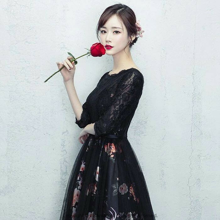 レース切替の袖ロングドレス 演奏会 カラードレス ブウラック　ウェディングドレス　大きいサイズ　演奏会ドレス　ウエディングドレス　花嫁ドレス 刺繍ドレス 総レース　ロングドレス/袖余りドレス花柄ウェディング　結婚式・二次会・忘年会　プリンセスライン S-XXL