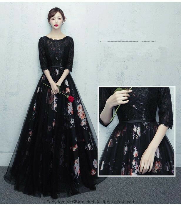 レース切替の袖ロングドレス 演奏会 カラードレス ブウラック　ウェディングドレス　大きいサイズ　演奏会ドレス　ウエディングドレス　花嫁ドレス 刺繍ドレス 総レース　ロングドレス/袖余りドレス花柄ウェディング　結婚式・二次会・忘年会　プリンセスライン S-XXL