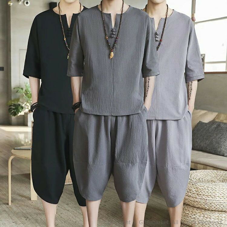 全4色 メンズ セットアップ 綿麻 Tシャツ カットソー リネンシャツ サルエルパンツ カジュアル 七分丈 サルエル パンツ アラジンパンツ ワイドパンツ ハーフパンツ ゆったり 通気性 無地 オールシーズン対応 部屋着 普段着 春 夏 綿麻 リネン