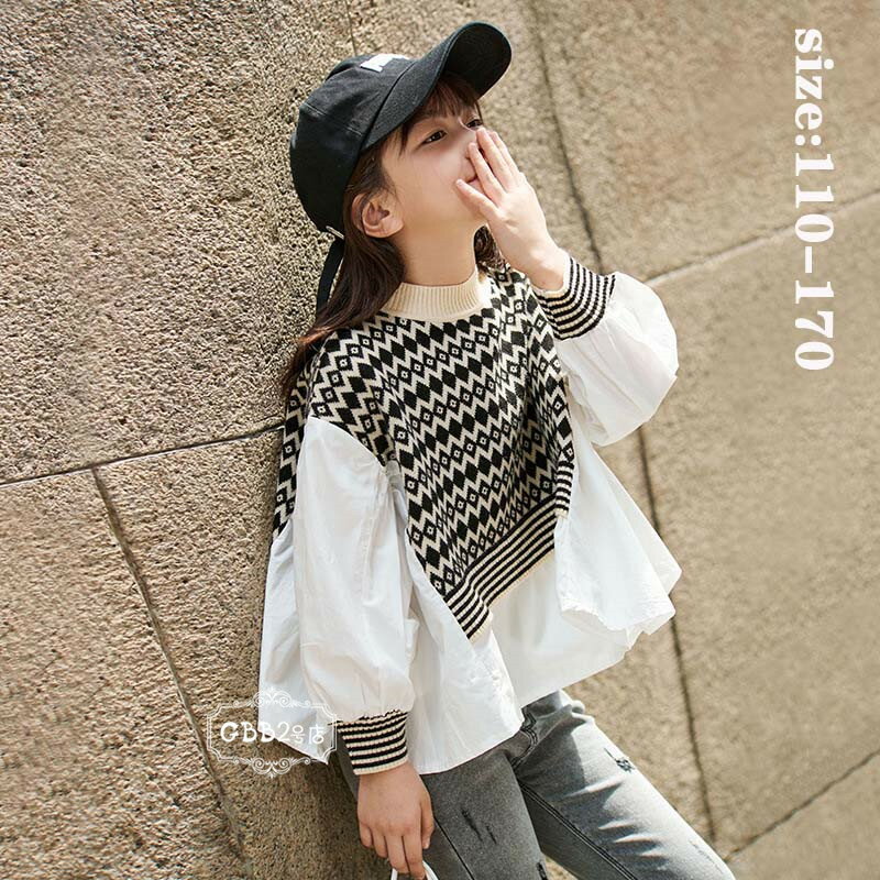キッズセーターニットトップス子供服キッズセーター切り替えプルオーバー秋冬トップスプリントストレッチ女の子長袖カジュアルおしゃれ子ども服人気可愛いジュニア服卒園式/入学式110120130140150160170