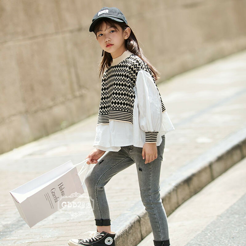 キッズセーターニットトップス子供服キッズセーター切り替えプルオーバー秋冬トップスプリントストレッチ女の子長袖カジュアルおしゃれ子ども服人気可愛いジュニア服卒園式/入学式110120130140150160170