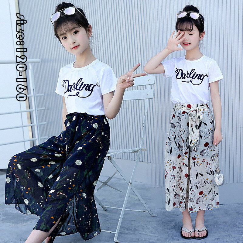 韓国子供服 セットアップ 夏 女の子 花柄 トップス+ズボン ワイドパンツ tシャツ カジュアル ナチュラル 半袖 シフォンズボン ガウチョパンツ 七分丈パンツ プリント 可愛い きれいめ ビーチ 卒園式/入学式/パーティ オフホワイト ネイビー