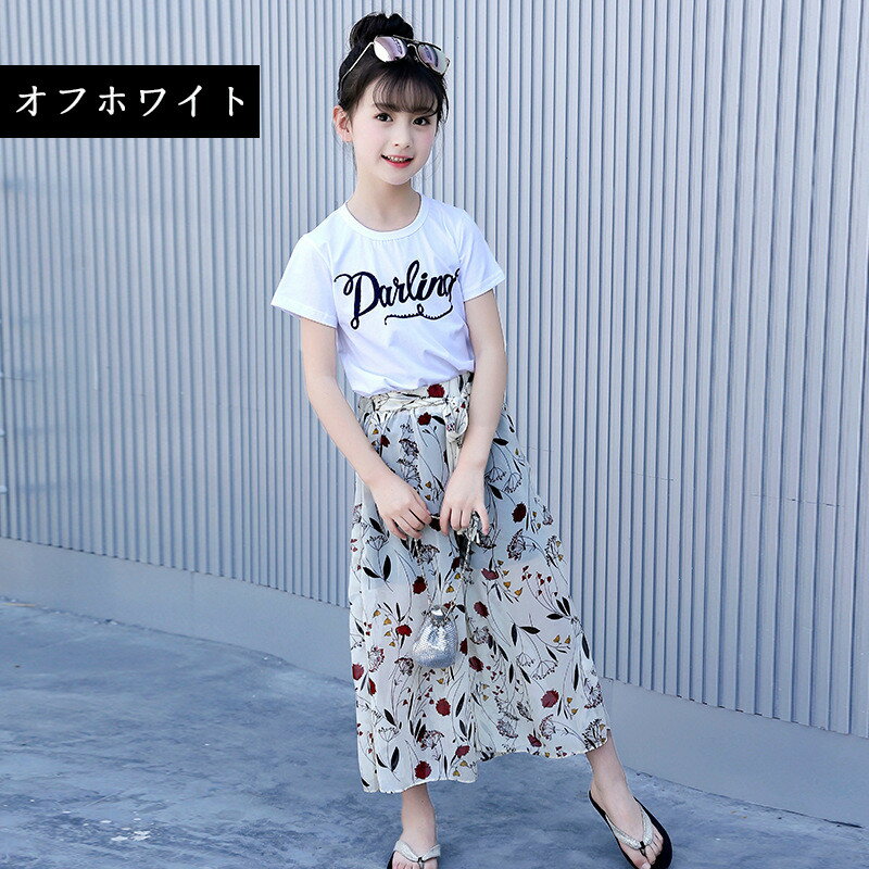 韓国子供服 セットアップ 夏 女の子 花柄 トップス+ズボン ワイドパンツ tシャツ ...