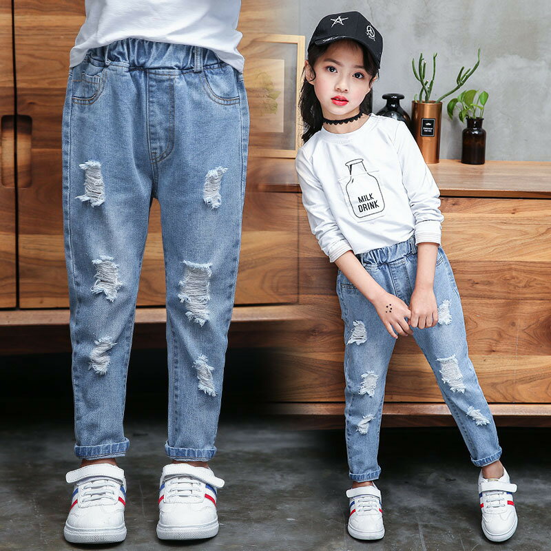 子供服 デニムパンツ 長ズボン パンツ 春秋 女の子 ジーンズ ジーパン ダメージパ...