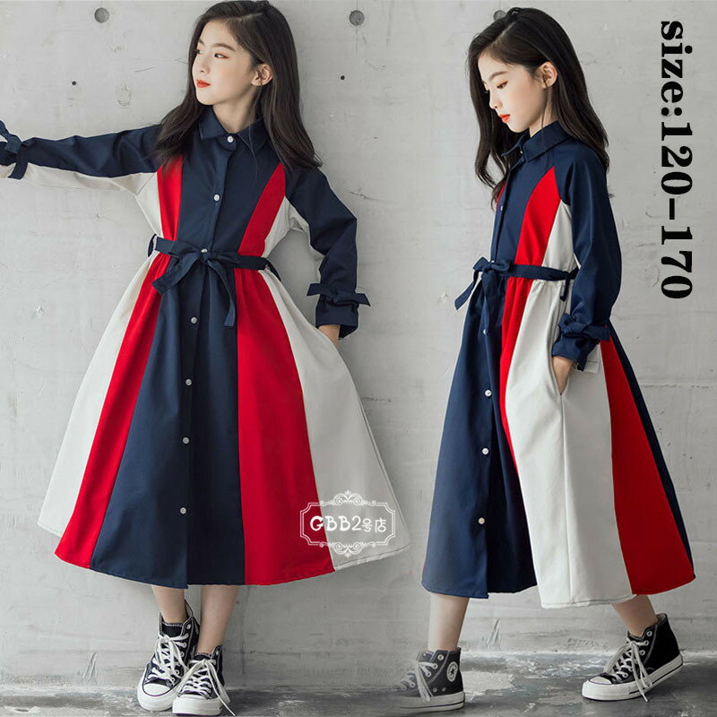 韓国こども服 ワンピース 春秋 ロング丈 女の子 子供ドレス 切り替え Aライン フレアスカート 長袖 リゾート おしゃれ ビーチ カジュアル 可愛い ジュニア服 卒園式/入学式/パーティ 120 130 140 150 160 170