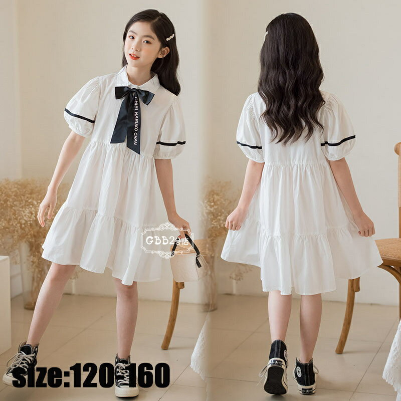 Short Sleeves - 韓国子供服 ワンピース 夏 半袖 女の子 子供ドレス ロング丈 リボン リゾート おしゃれ 子ども服 カジュアル 可愛い ジュニア服 通学 卒園式/入学式/パーティ ホワイト 120 130 140 150 160cm