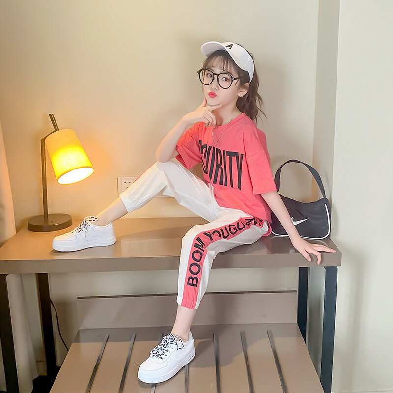 韓国子供服 セットアップ Tシャツ ズボン プリント 九分丈パンツ 夏 半袖 ゆったり...