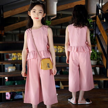 韓国子供服 セットアップ タンクトップ ガウチョパンツ ワイドパンツ 七分丈パンツ 夏 リボン ノースリーブ ゆったり 薄手 カジュアル リゾート 女の子 上下セット キッズ こども 可愛い きれいめ //卒園式/入学式/パーティ ピンク グレー イエロー ブルー 110-160cm