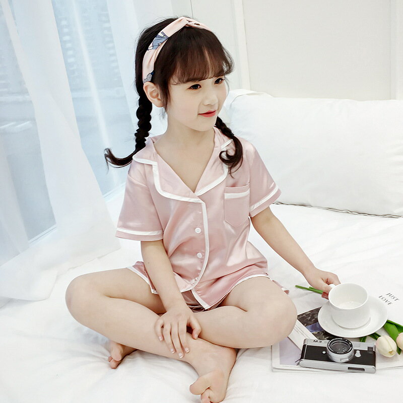 薄手 セットアップ かわいい シルク キッズ 子供服 無地 夏 子供パジャマ 寝巻き 部屋着 ナイトウェア パジャマ ピンク おしゃれ ネイビー 女の子 110 170cm トップス 半ズボン 半袖 パジャマ 前ボタン 可愛い ルームウェア