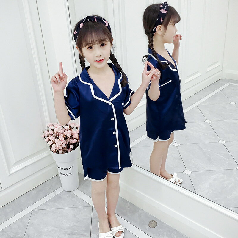 薄手 セットアップ かわいい シルク キッズ 子供服 無地 夏 子供パジャマ 寝巻き 部屋着 ナイトウェア パジャマ ピンク おしゃれ ネイビー 女の子 110 170cm トップス 半ズボン 半袖 パジャマ 前ボタン 可愛い ルームウェア