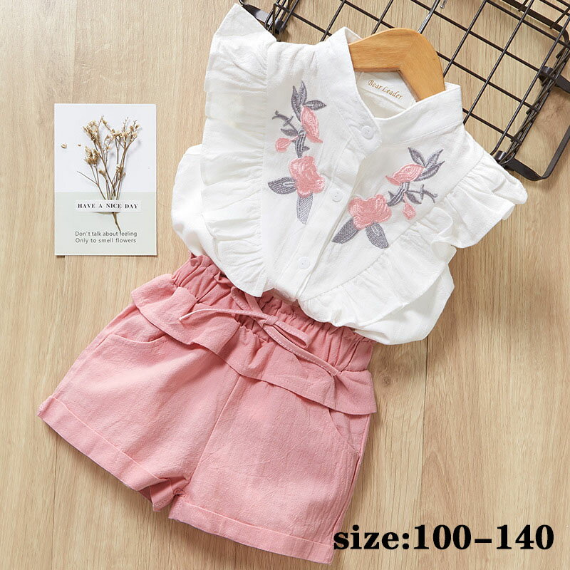 韓国子供服 2点セット 夏 花柄 シャツ+半ズボン 刺繍 ノースリーブ ショートパンツ セットアップ リゾ..
