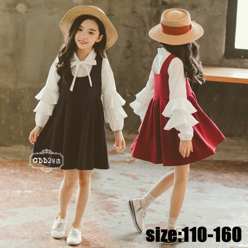 韓国子供服 セットアップ 女の子 2点セット シャツ シフォン ワンピース 春秋 長袖 カジュアル ナチュラル カジュアル キッズ こども 可愛い きれいめ ビーチ //卒園式/入学式/パーティ ブラック ワインレッド 110 120 130 140 150 160cm