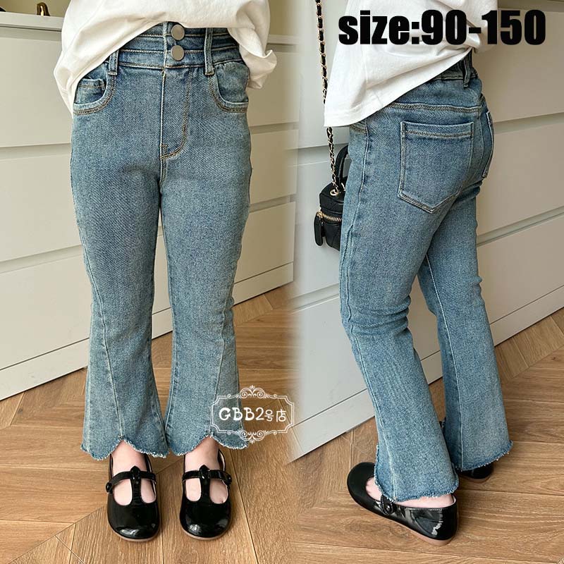 Denim - 韓国子供服 長ズボン 女の子 キッズデニムパンツ 子供服 ベビー服 デニムパンツ フレアパンツ ストレッチパンツ 春秋 ジーンズ カジュアル ロングパンツ ボトムス キッズ 可愛い きれいめ //卒園式/入学式 単品売り ブルー 90 100 110 120 130 140 150cm