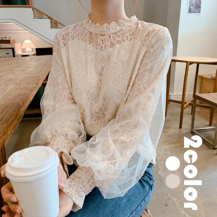 블라우스 레이디스 예쁜 춘추 긴팔 퍼프 슬리브 공주계 귀여운 40대 세련된 레이스 서 옷깃 한국풍 느긋 캐주얼 통근 2색
