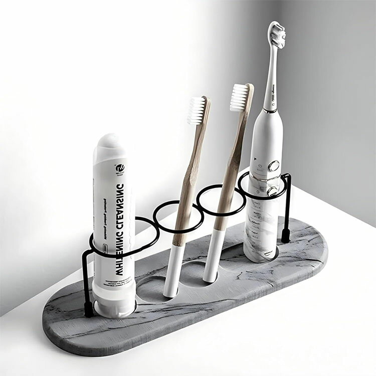 歯ブラシホルダ マーブル 歯ブラシスタンド 珪藻土 除菌 4本用 速乾 吸水 防カビ 多機能ベースフレーム 収納ラック 珪藻土トレー 歯磨き粉スタンド 歯ブラシ立て 衛生的 洗面所用 おしゃれ 収納便利 置き型 天然素材