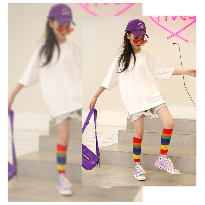 ダンス靴下 子供靴下 ソックス 2足セット 虹色 ハイソックス 春 夏 秋 キッズ 女の子 男の子 ソックス 子供靴下 ロング丈 ボーダーソックス ボーダータイツ 子ども ベビー ジュニア 子供用 レインボーストライプ 靴下 通園 通学 ダンス衣装 発表会 オールシーズン 送料無料 3