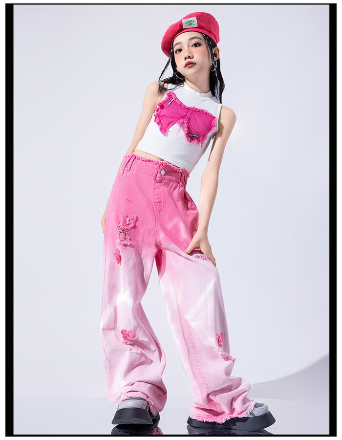 ダンスパンツ ピンク系 かわいい デニムパンツ ワイドパンツ キッズ ガールズ hiphop K-pop 舞台 団体服 演出服 練習着 デニムワイドパンツ 韓国 新作 人気 ストリートダンス ジャズダンス 運動会、応援団、クラス活動 ファッション 110 120 130 140 150 160 170 180