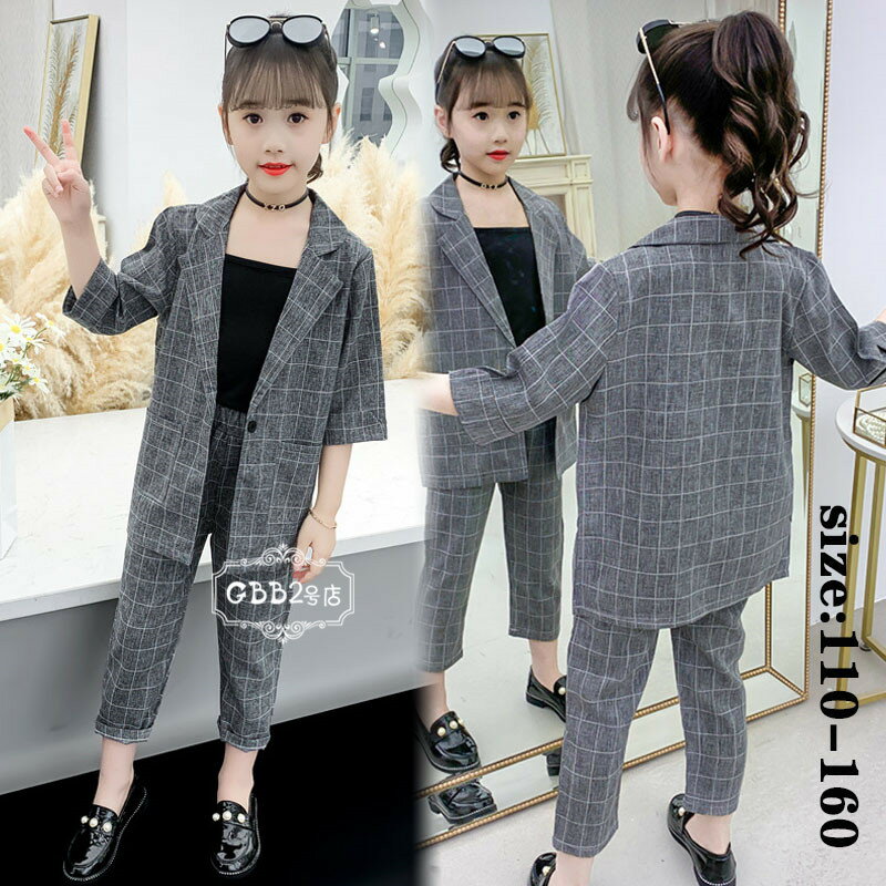 韓国こども服 スーツ 3点セット 春夏 親子 お揃い コート ズボン キャミソール スーツジャケット チェック柄 五分袖 フォーマル セットアップ ゆったり 女...