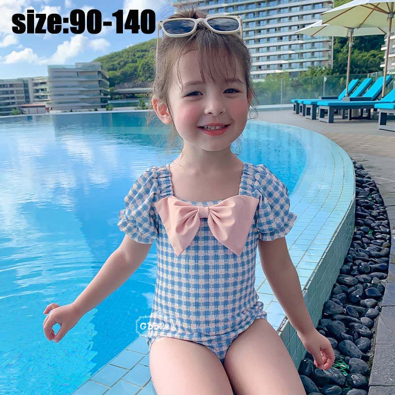 樂天商城 - キッズ 水着 女の子 ワンピース水着 オールインワン 帽子付き ワンピース リボン付き チェック柄 ベビー スイムウェア 子供用 春 夏 春夏 プール 水遊び ジュニア ガールズ ビーチウェア 海水浴 可愛い キッズみずぎ ブルー 90 100 110 120 130 140cm