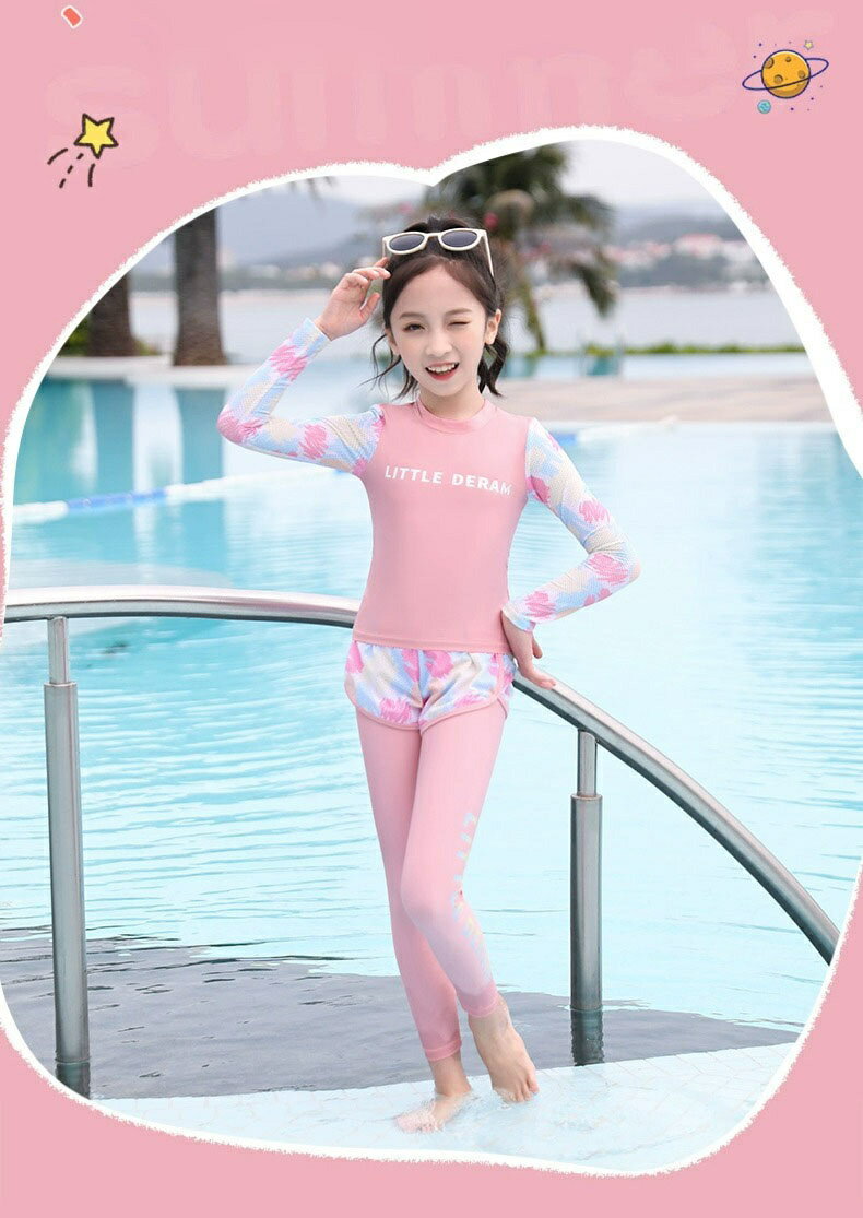 キッズ 水着 3点セット 女の子 セパレート 長袖 みずぎ 子供 ジュニア トップス ショートパンツ ロングパンツ ベビー水着 春 夏 おしゃれ スクール スイミング 学校 幼稚園 小学生 水遊び 温泉 海水浴 かわいい プール ビーチ 海 旅行 紫外線カット 100 120 140 150 160cm 2