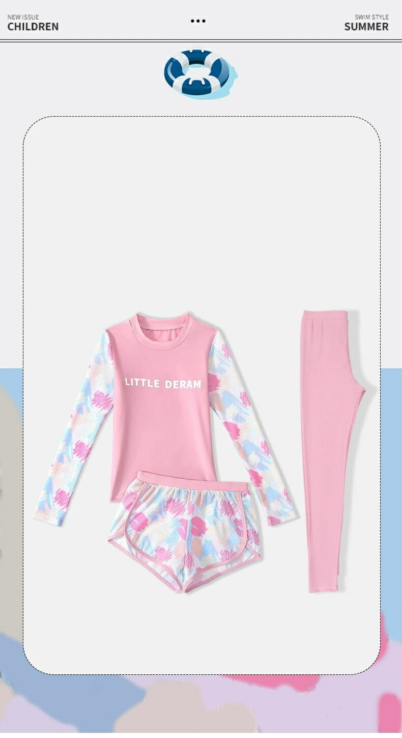 キッズ 水着 3点セット 女の子 セパレート 長袖 みずぎ 子供 ジュニア トップス ショートパンツ ロングパンツ ベビー水着 春 夏 おしゃれ スクール スイミング 学校 幼稚園 小学生 水遊び 温泉 海水浴 かわいい プール ビーチ 海 旅行 紫外線カット 100 120 140 150 160cm 3