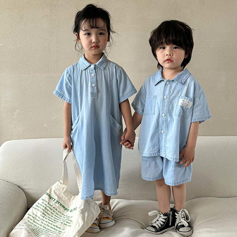 デニム セットアップ キッズ ワンピース 女の子 子供服 男の子 シャツ 半袖 ショートパンツ おしゃれ 可愛い ベビー服 夏 上下セット トップス ボトムス ジュニア 赤ちゃん デニムパンツ 入学 入園 誕生日 プレゼント 幼稚園 小学生 お出かけ 150cm 140 130 120 110 100 90