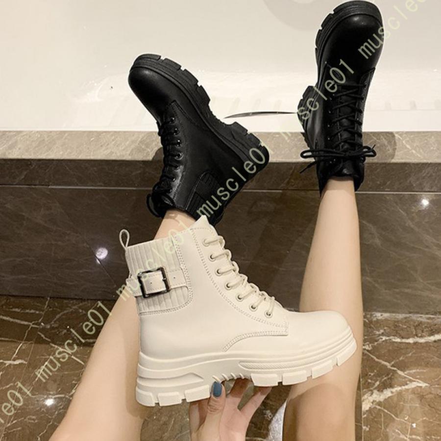 ブーツ レディース 編み上げ 厚底 太ヒール ショートブーツ 歩きやすい シンプル ブーティ 美脚 女の子..