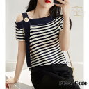 ニットTシャツ トップス レディース きれいめ 40代 春夏 半袖トップス 肩出し オシャレ ブラウス ボーダー柄 tシャツ 韓国風