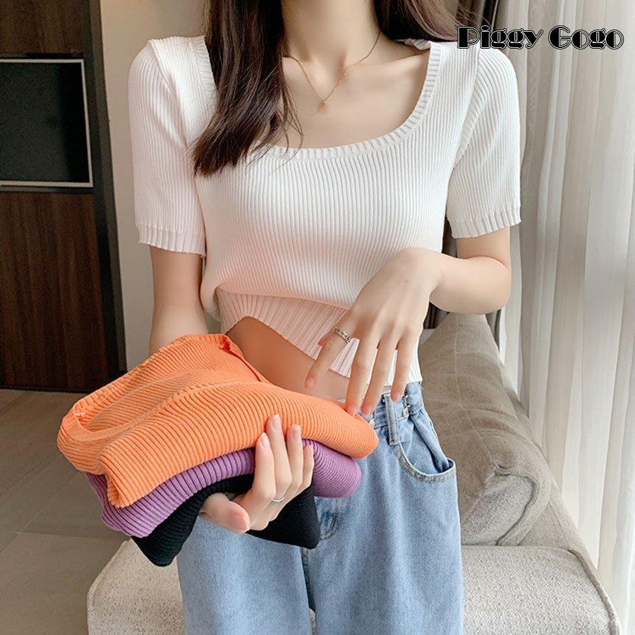 Tシャツ　韓国ファッション　ショート丈　サマーニット カットソー レディース　リブトップス　薄手　..