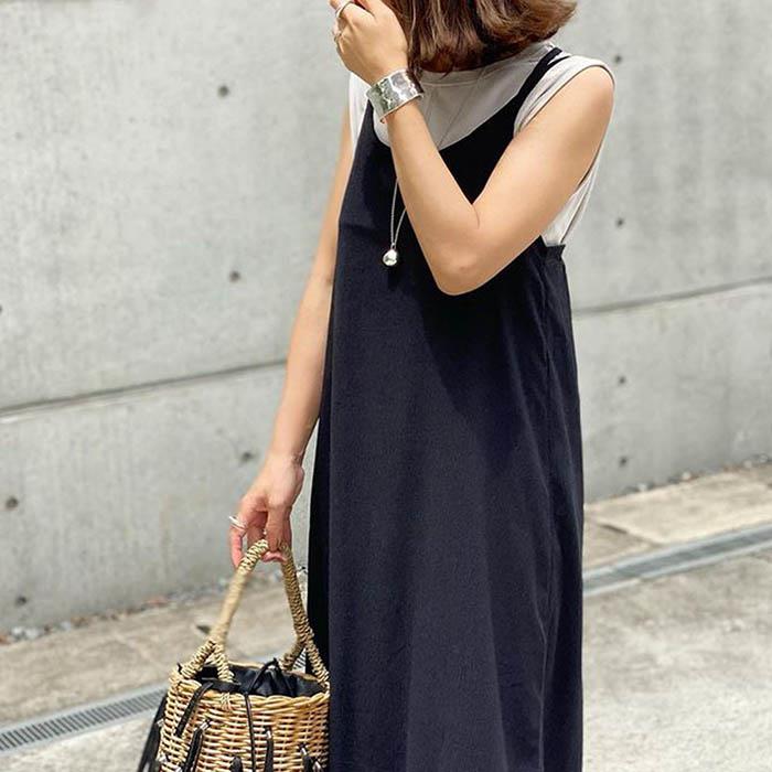 新色追加 サロペット キャミワンピース レディース 春 秋 冬 ワンピース ロング 大きいサイズ キャミワンピ ロングワンピース ロングキャミソール フェミニン 着痩せ トレンド レディース レイヤード風 体型カバー ゆったり ブラック 黒 キャメル グリーン カーキ